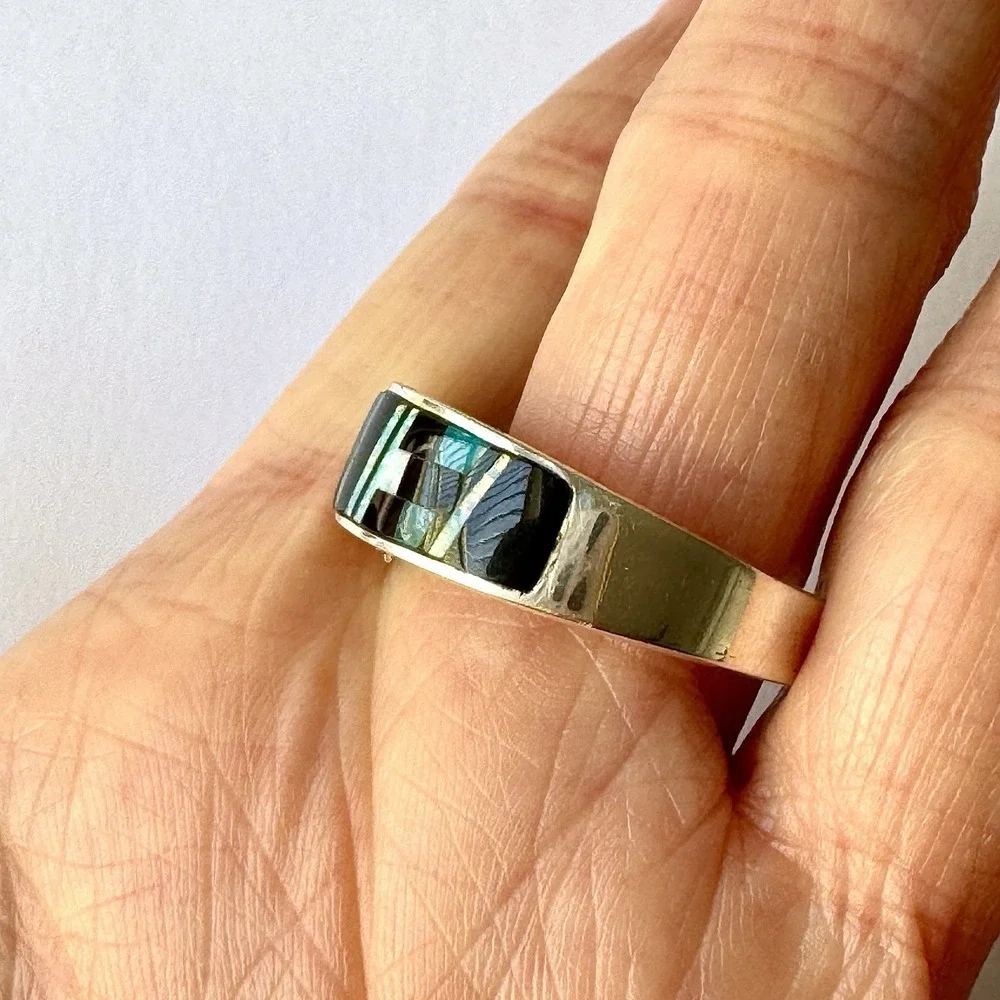 Navajo Inlay Wedding Band Mens Sz 12.5‎ Ring Turquoise Opal 9mm Signed AT